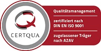 Das Siegel der Certqua mit der Beschriftung: "Zugelassener Träger nach AZAV"und "Zertifiziert nach DIN EN ISO 9001"